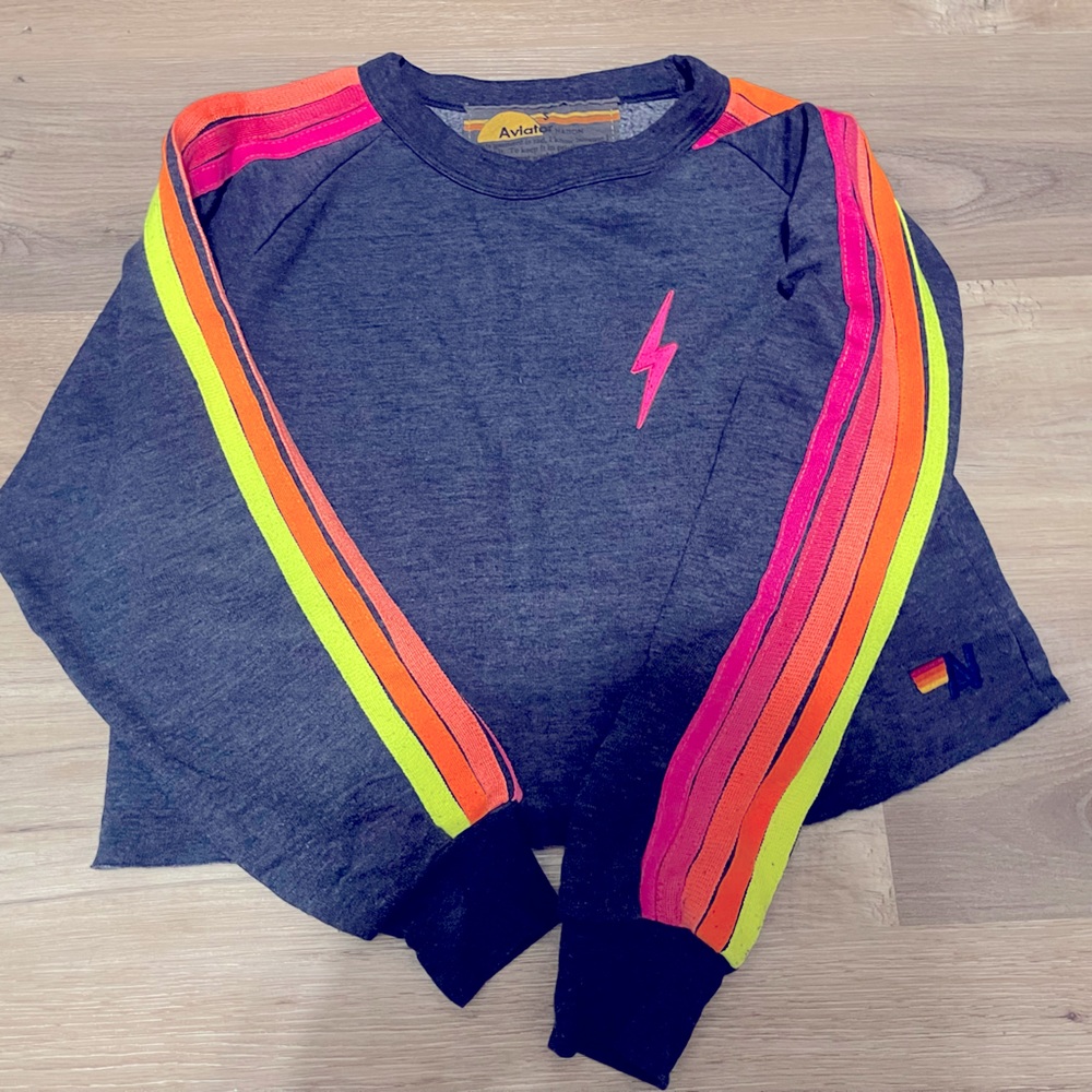 AVIATOR NATION - BOLT CLASSIC CROPPED CREW SWEATSHIRT HEATHER NAVY /NEON STRIPES